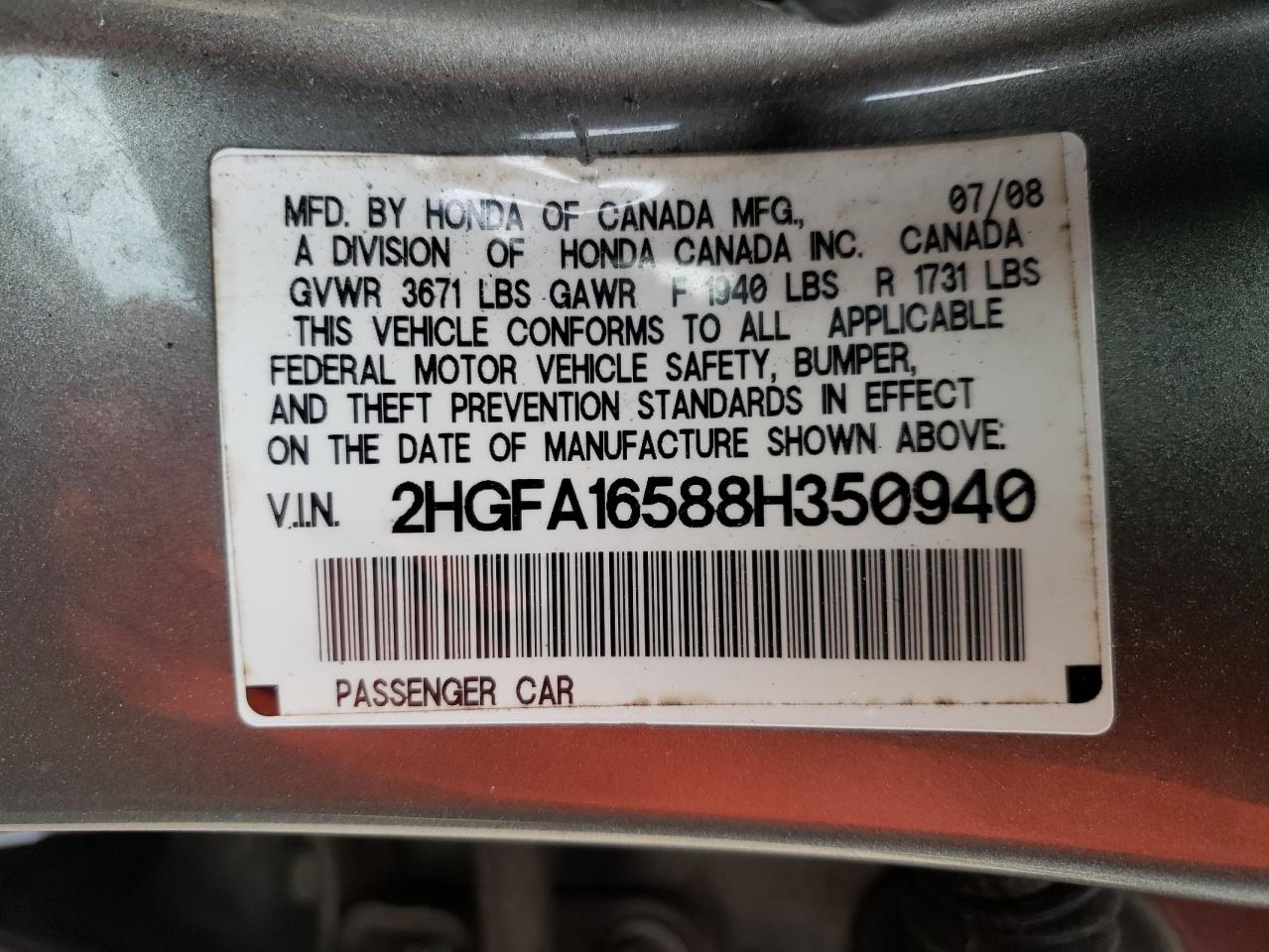 Photo 10 from auction – 2008 HONDA CIVIC LX with VIN 2HGFA16588H350940