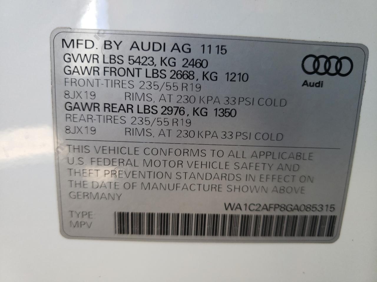 Photo 10 from auction – 2016 AUDI Q5 PREMIUM with VIN WA1C2AFP8GA085315
