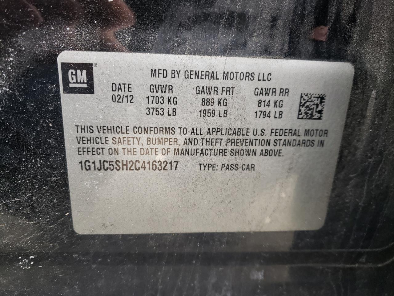 Photo 10 from auction – 2012 CHEVROLET SONIC LT with VIN 1G1JC5SH2C4163217