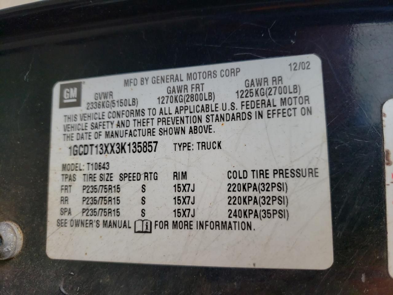 Photo 10 from auction – 2003 CHEVROLET .S10 with VIN 1GCDT13XX3K135857