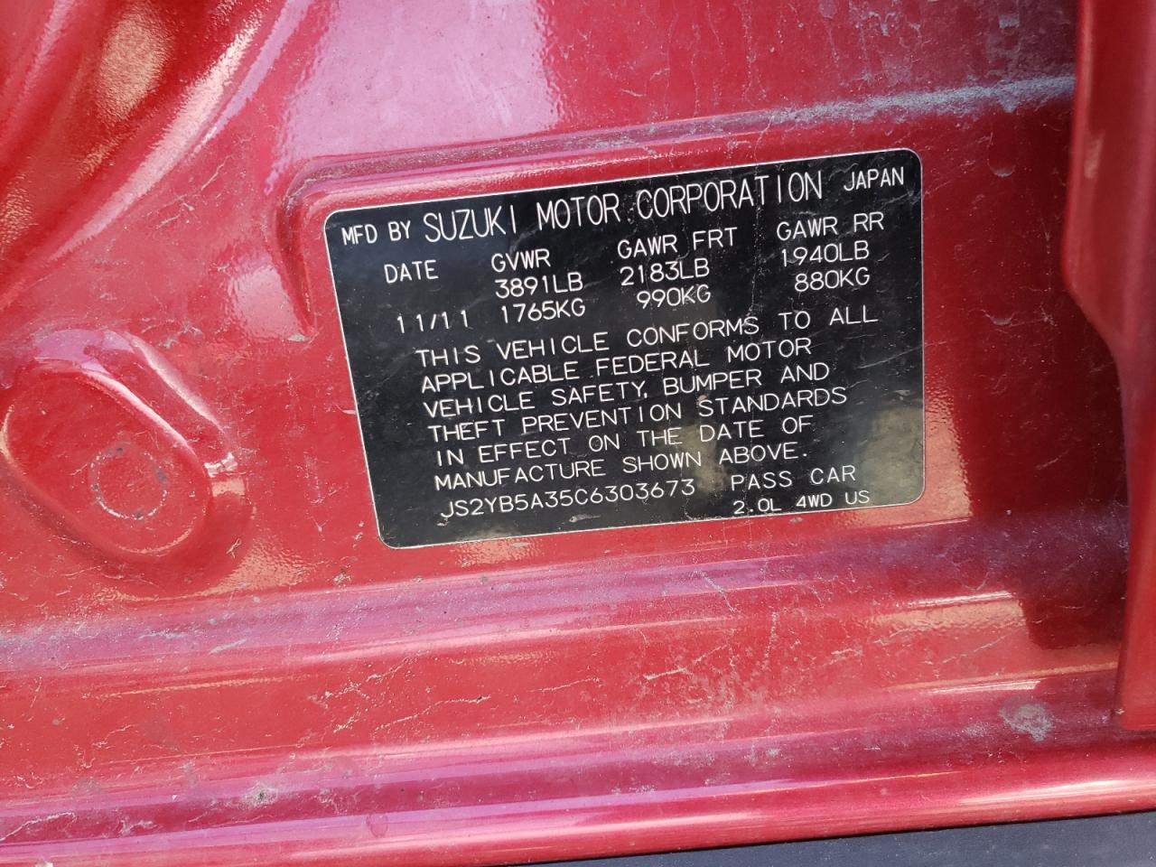 Photo 10 from auction – 2012 SUZUKI SX4 with VIN JS2YB5A35C6303673