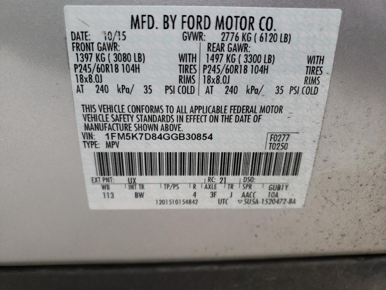 Photo 10 from auction – 2016 FORD EXPLORER X with VIN 1FM5K7D84GGB30854
