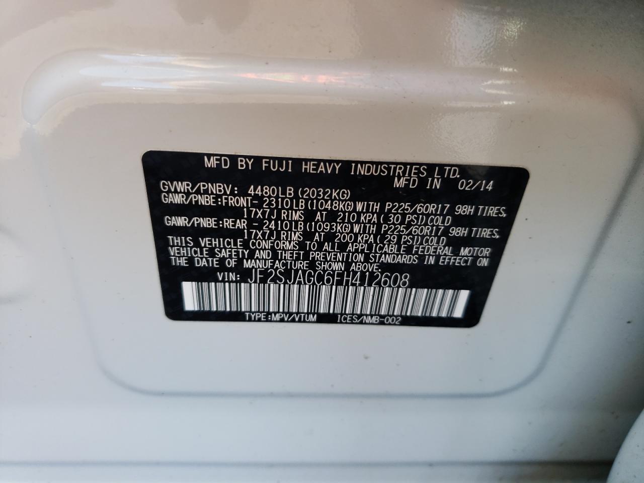 Photo 10 from auction – 2015 SUBARU FORESTER 2 with VIN JF2SJAGC6FH412608