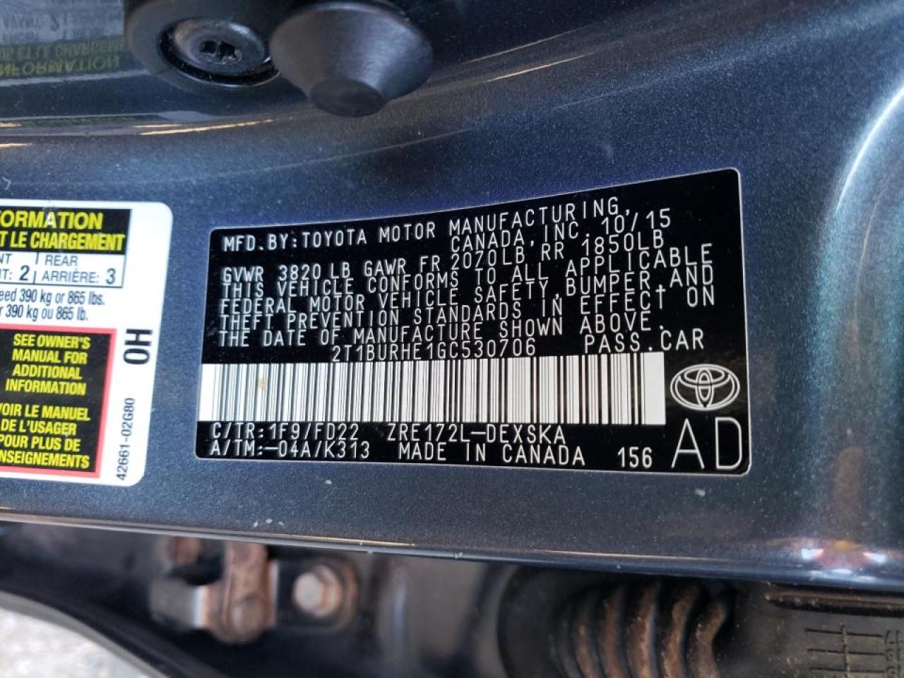 Photo 10 from auction – 2016 TOYOTA COROLLA L with VIN 2T1BURHE1GC530706