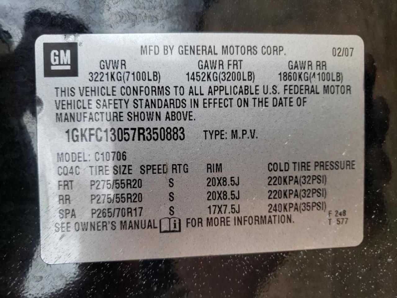 Photo 10 from auction – 2007 GMC YUKON with VIN 1GKFC13057R350883