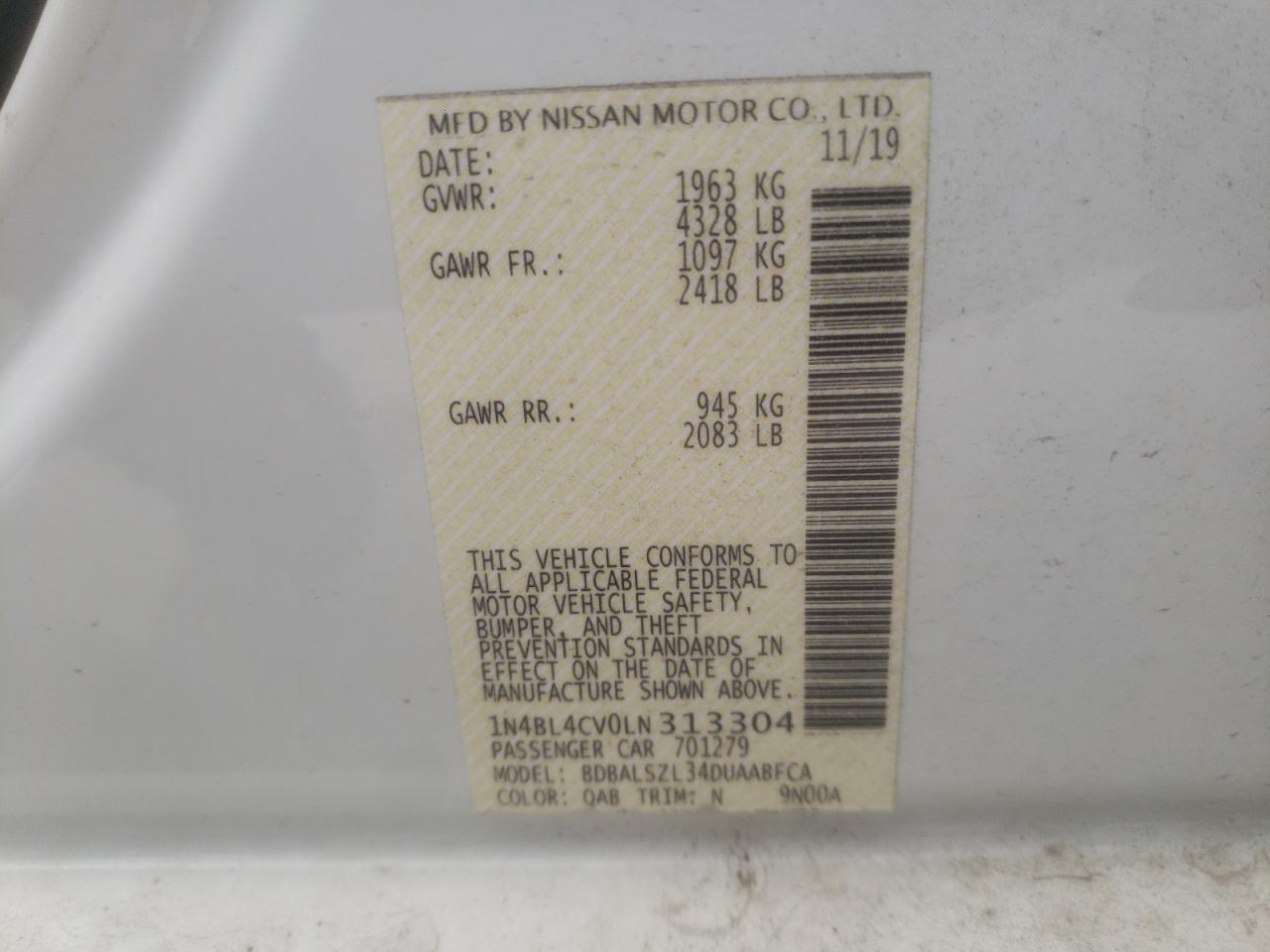 Photo 10 from auction – 2020 NISSAN ALTIMA SR with VIN 1N4BL4CV0LN313304