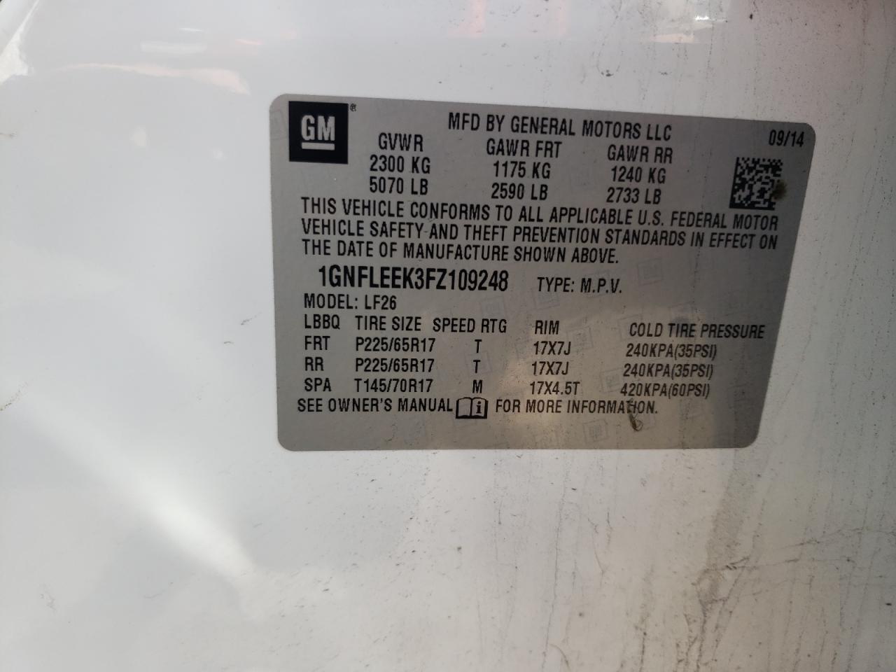 Photo 10 from auction – 2015 CHEVROLET EQUINOX LS with VIN 1GNFLEEK3FZ109248