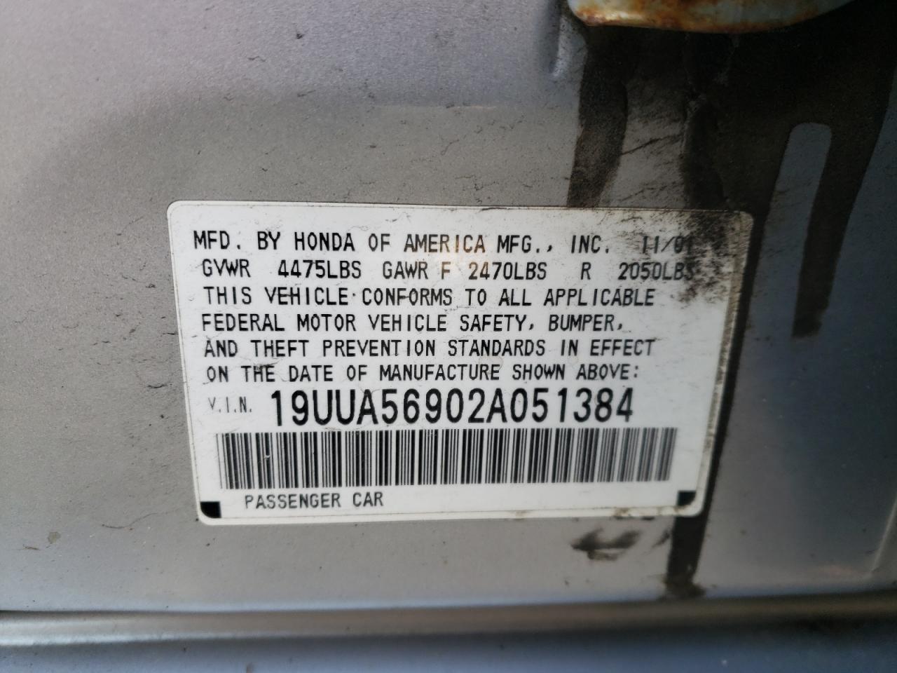 Photo 10 from auction – 2002 ACURA 3.2 TL with VIN 19UUA56902A051384
