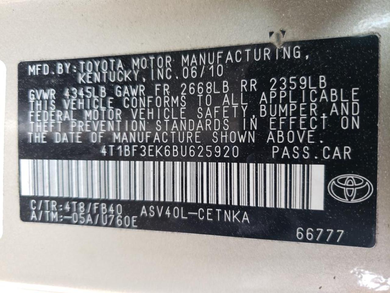 Photo 10 from auction – 2011 TOYOTA CAMRY BASE with VIN 4T1BF3EK6BU625920