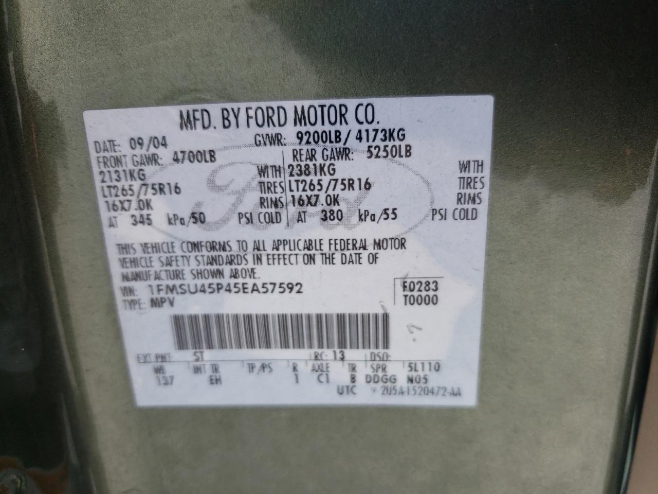 Photo 10 from auction – 2005 FORD EXCURSION with VIN 1FMSU45P45EA57592