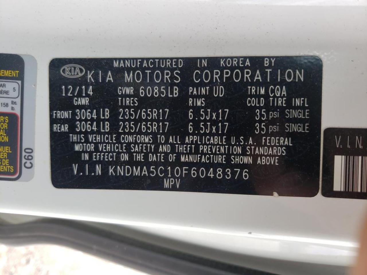 Photo 10 from auction – 2015 KIA SEDONA L with VIN KNDMA5C10F6048376