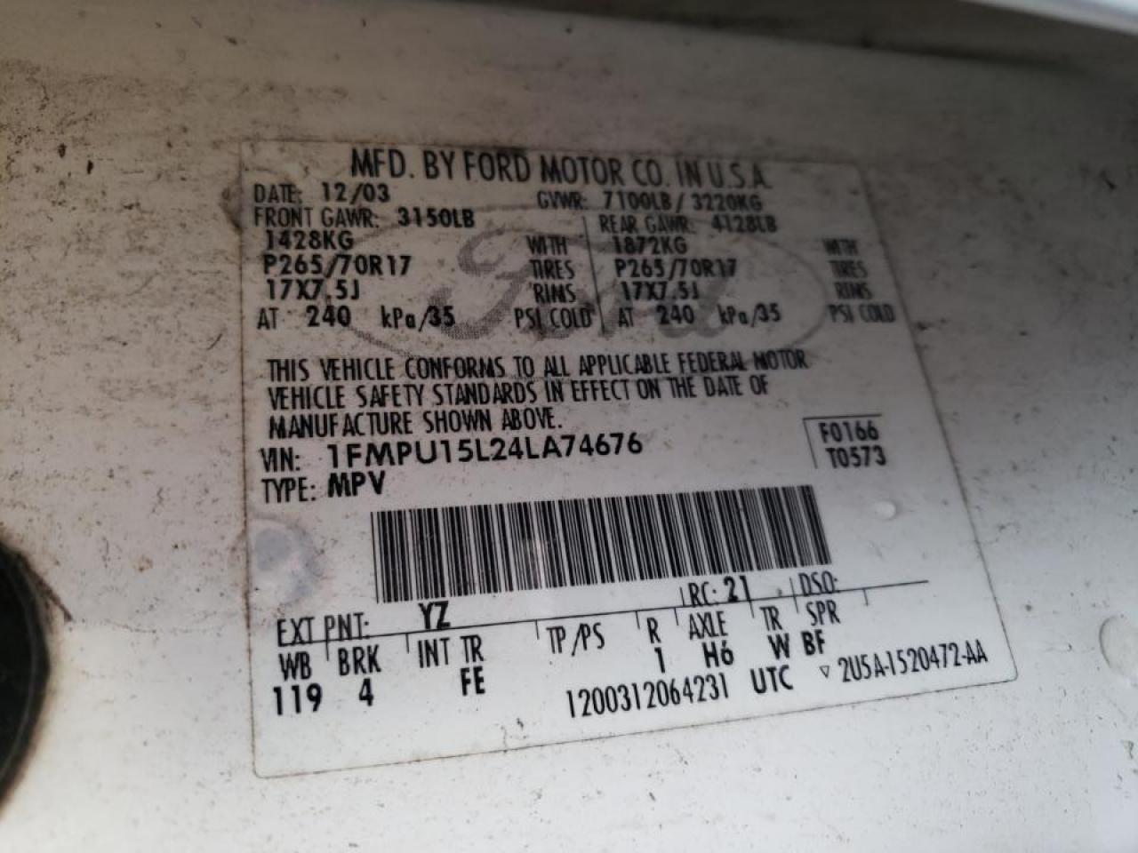 Zdjęcie 10 z aukcji – 2004 FORD EXPEDITION z VIN 1FMPU15L24LA74676