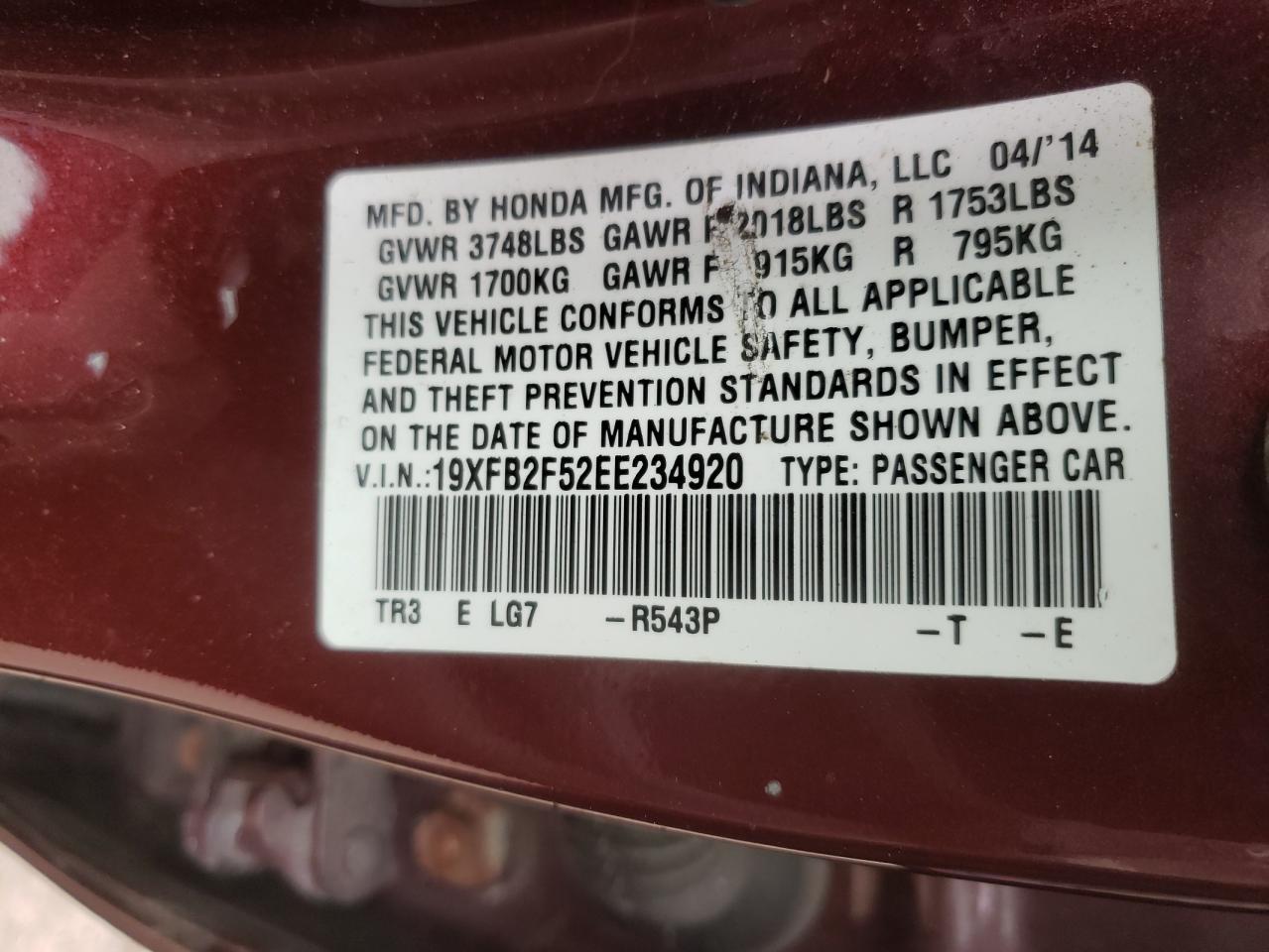 Photo 10 from auction – 2014 HONDA CIVIC LX with VIN 19XFB2F52EE234920
