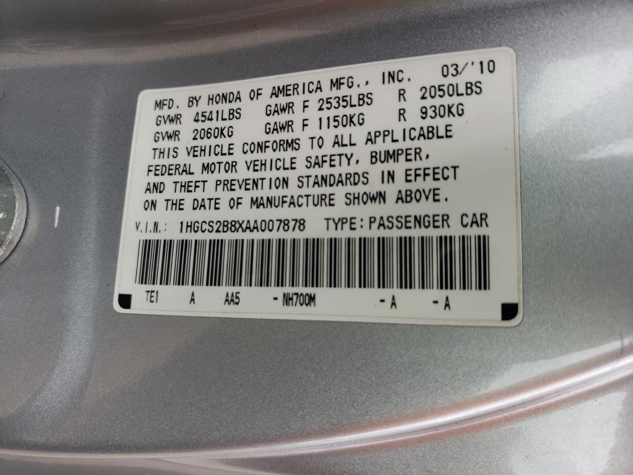 Photo 10 from auction – 2010 HONDA ACCORD EXL with VIN 1HGCS2B8XAA007878