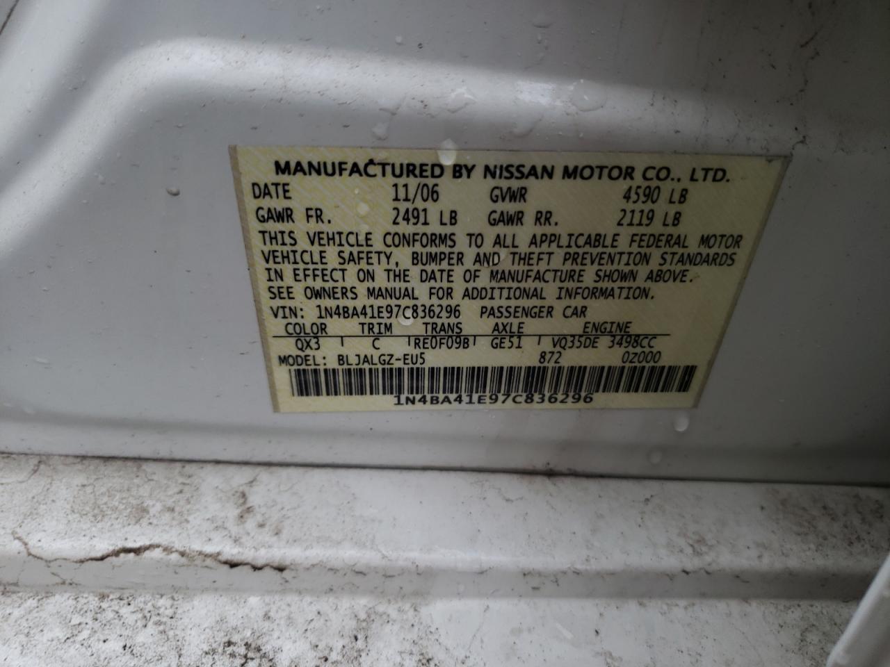 Photo 10 from auction – 2007 NISSAN MAXIMA SE with VIN 1N4BA41E97C836296