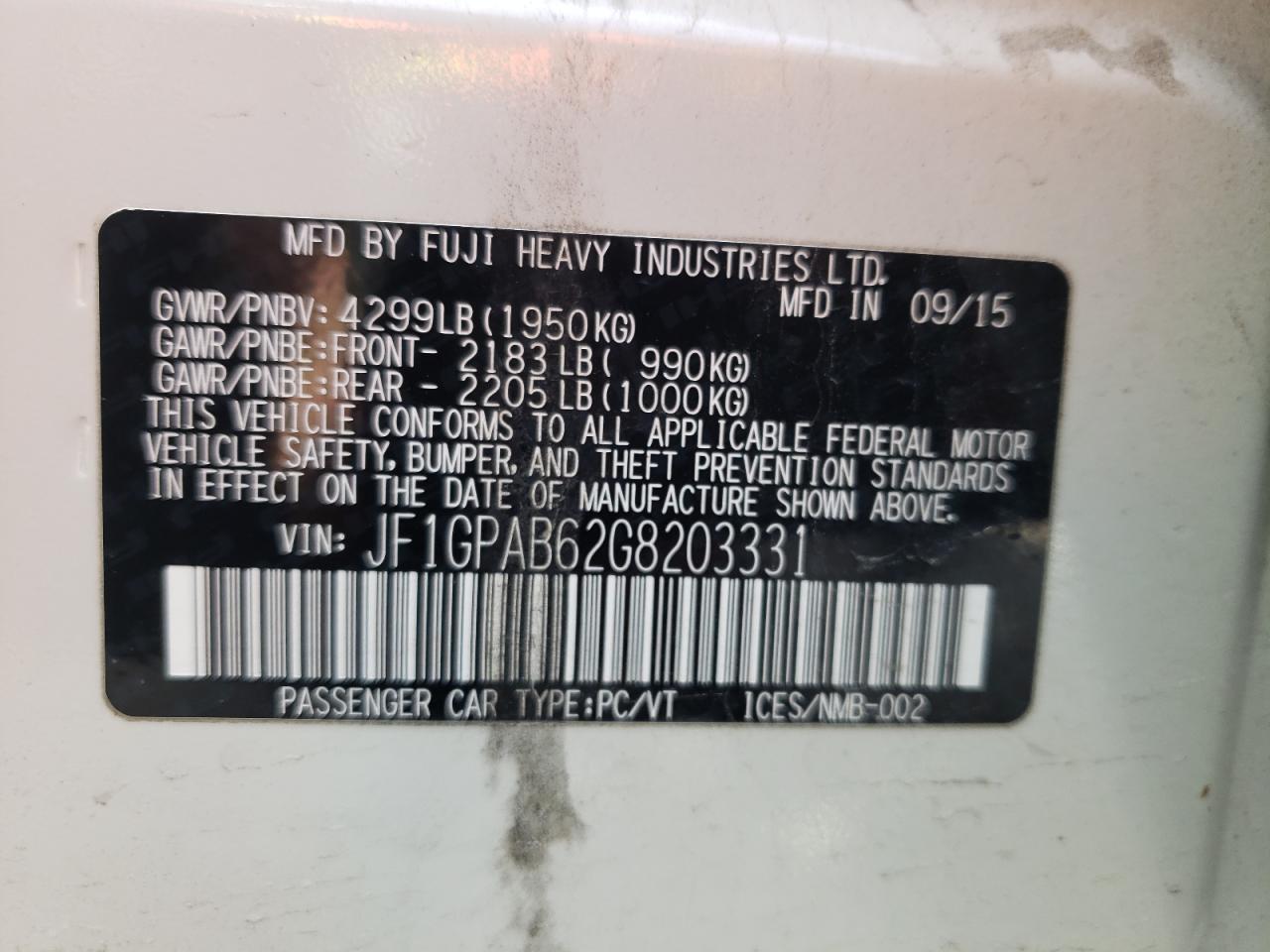 Photo 10 from auction – 2016 SUBARU IMPREZA PR with VIN JF1GPAB62G8203331