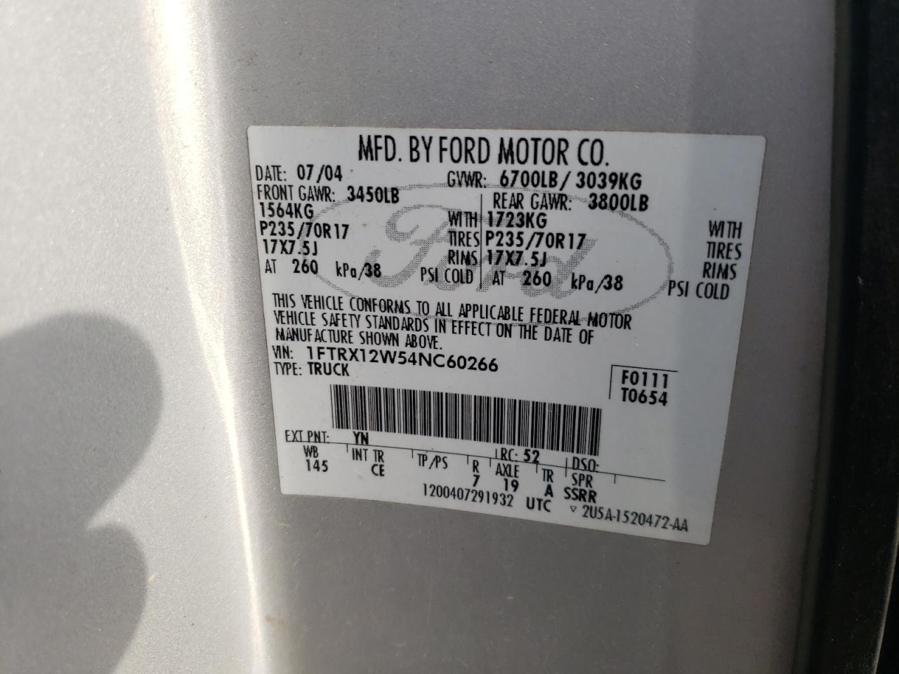 Photo 10 from auction – 2004 FORD F150 with VIN 1FTRX12W54NC60266