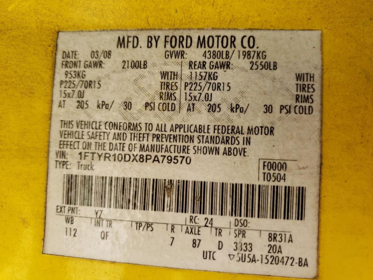 Photo 10 from auction – 2008 FORD RANGER with VIN 1FTYR10DX8PA79570