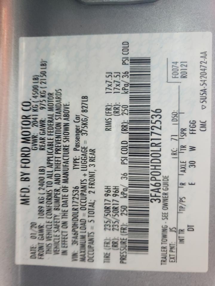 Photo 10 from auction – 2020 FORD FUSION with VIN 3FA6P0HD0LR172536