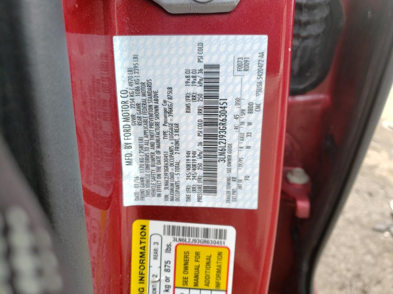 Photo 10 from auction – 2016 LINCOLN MKZ with VIN 3LN6L2J93GR630451