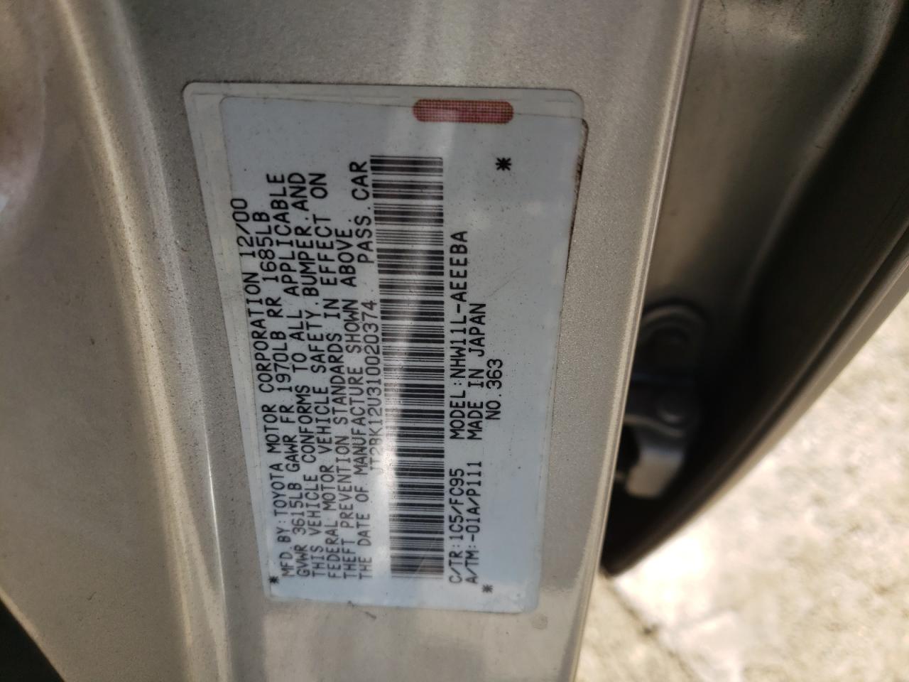 Photo 10 from auction – 2001 TOYOTA PRIUS with VIN JT2BK12U310020374