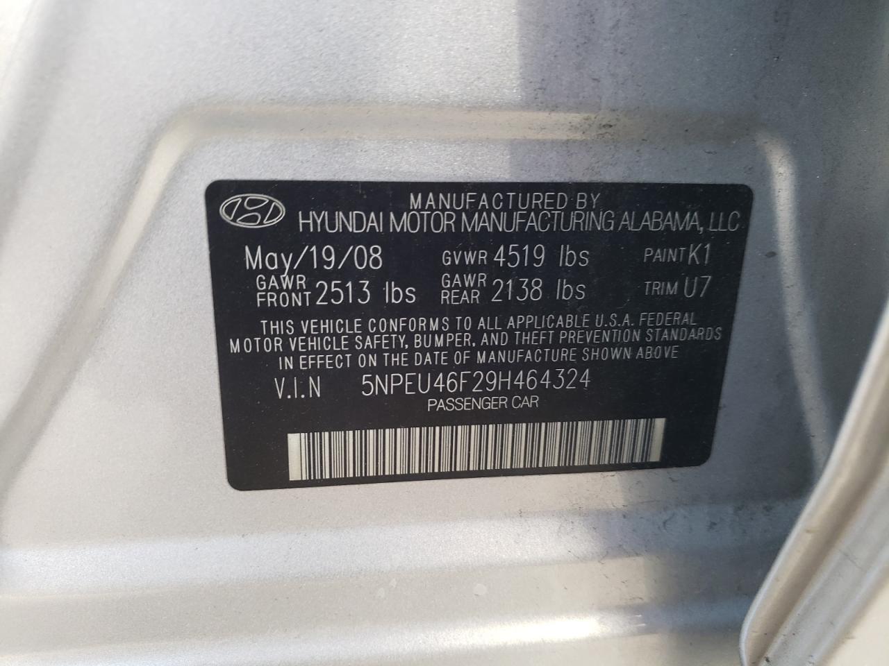 Photo 10 from auction – 2009 HYUNDAI SONATA SE with VIN 5NPEU46F29H464324