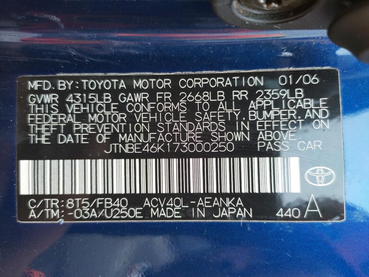 Photo 10 from auction – 2007 TOYOTA CAMRY CE with VIN JTNBE46K173000250
