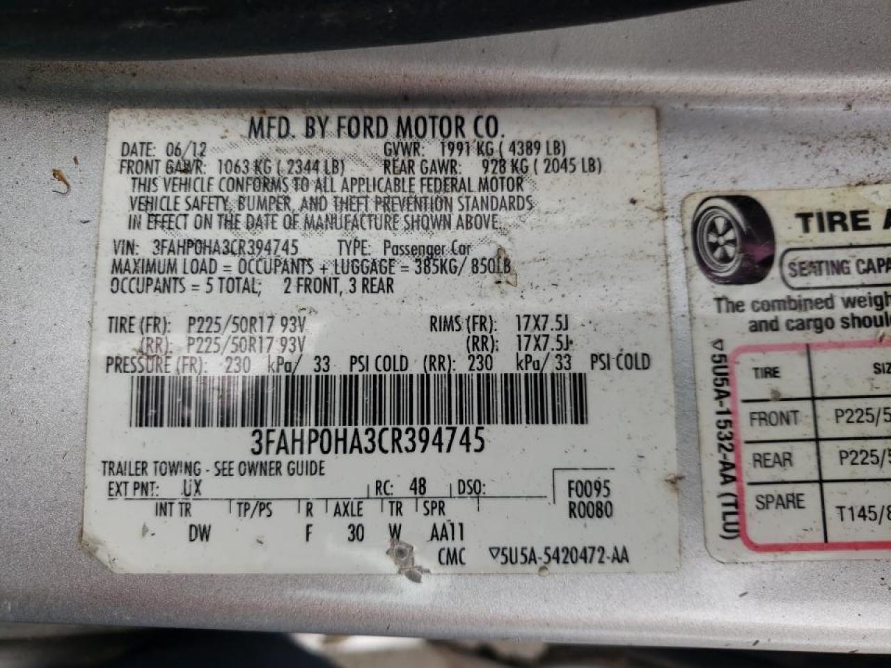 Photo 10 from auction – 2012 FORD FUSION SE with VIN 3FAHP0HA3CR394745
