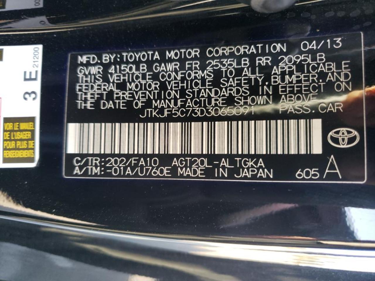 Photo 10 from auction – 2013 TOYOTA SCION TC with VIN JTKJF5C73D3065091