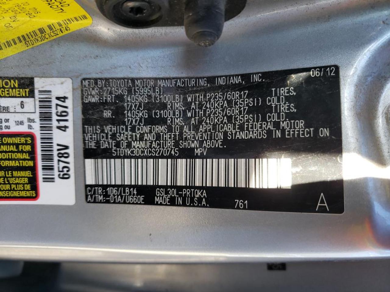 Photo 10 from auction – 2012 TOYOTA SIENNA XLE with VIN 5TDYK3DCXCS270745
