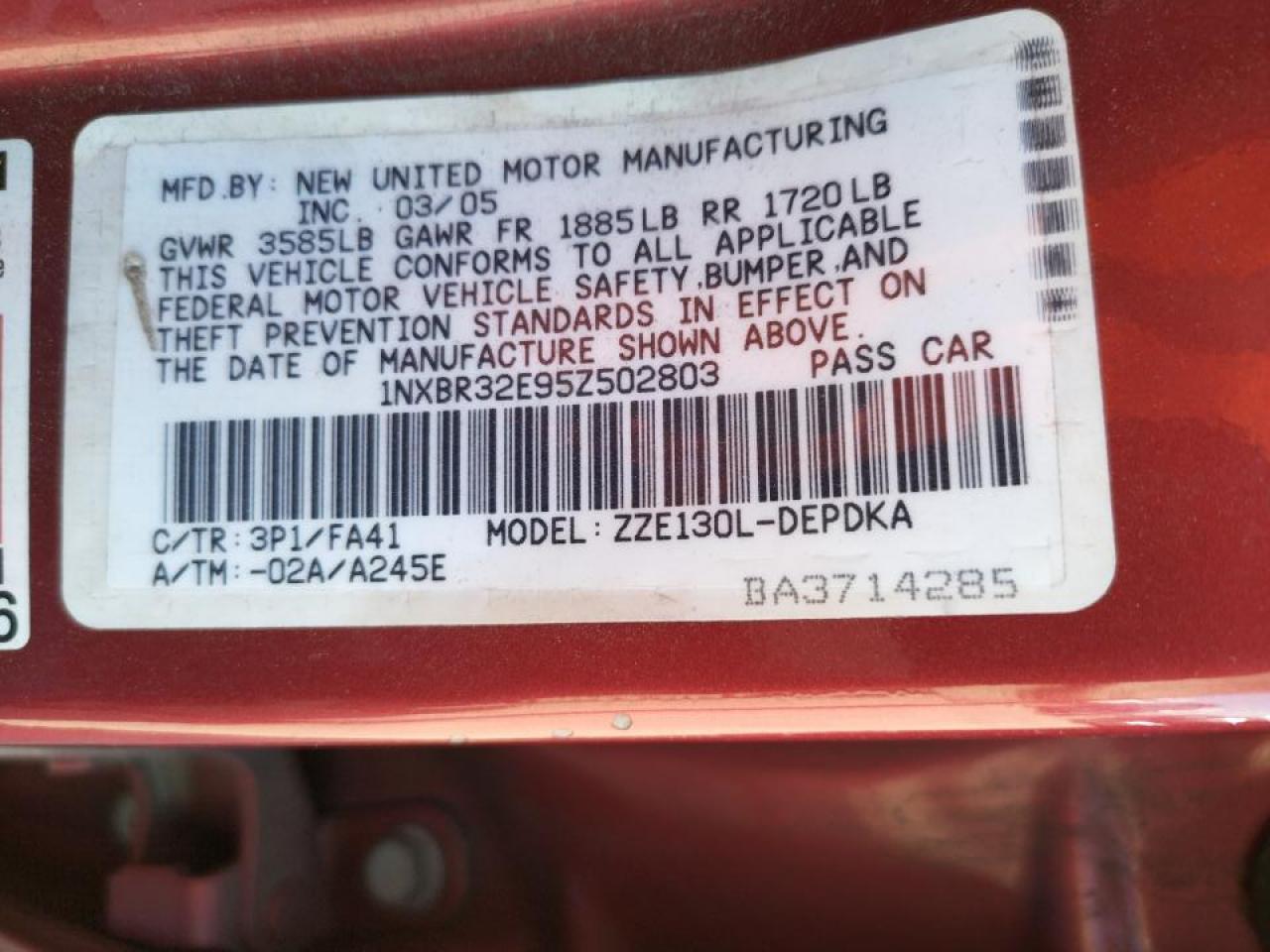 Photo 10 from auction – 2005 TOYOTA COROLLA CE with VIN 1NXBR32E95Z502803