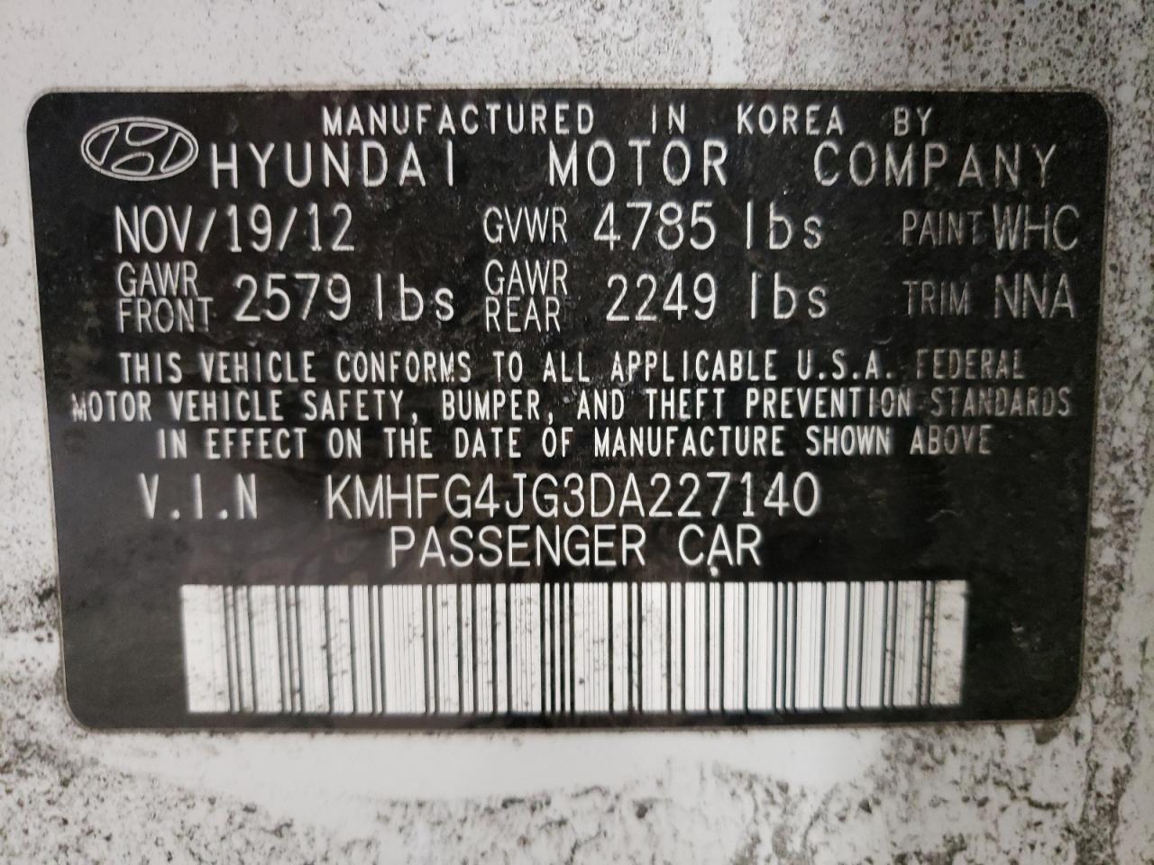 Photo 10 from auction – 2013 HYUNDAI AZERA with VIN KMHFG4JG3DA227140