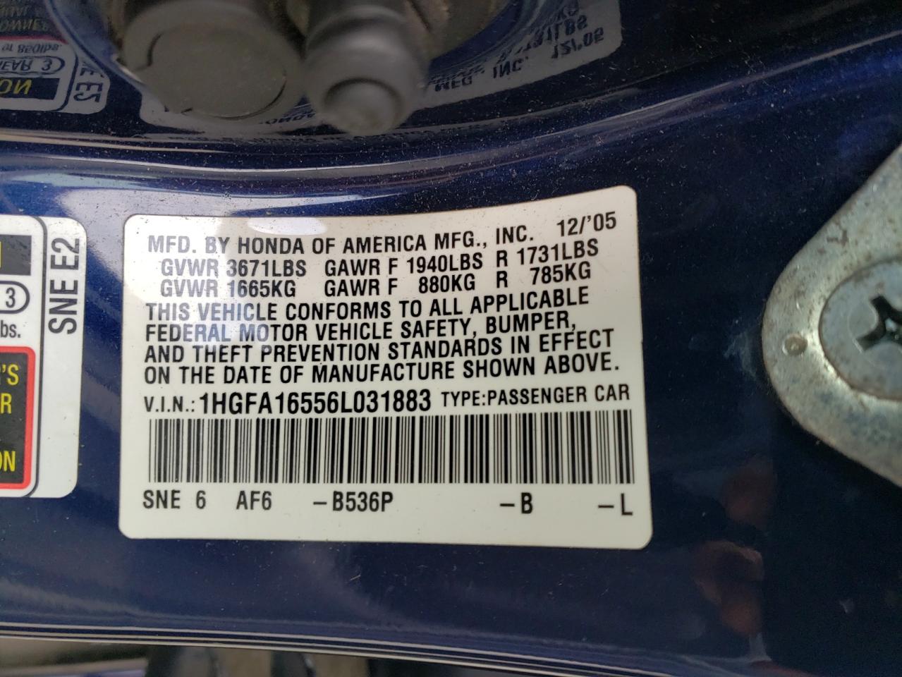 Photo 10 from auction – 2006 HONDA CIVIC LX with VIN 1HGFA16556L031883