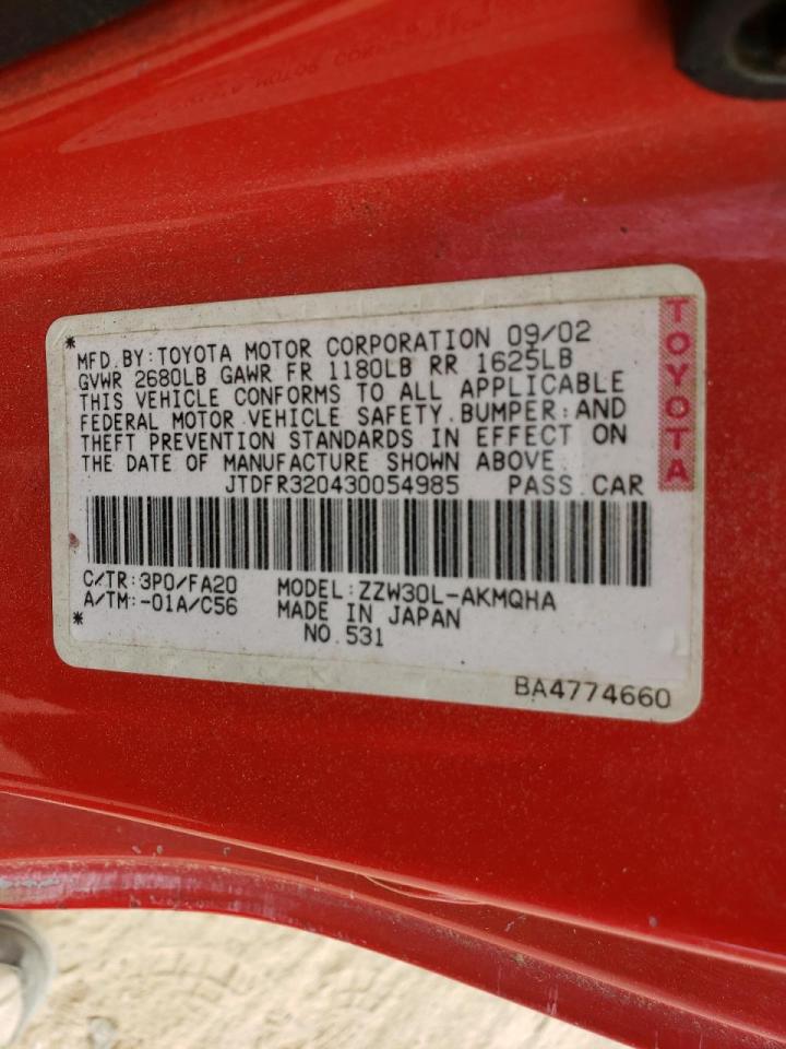 Photo 10 from auction – 2003 TOYOTA MR2 SPYDER with VIN JTDFR320430054985