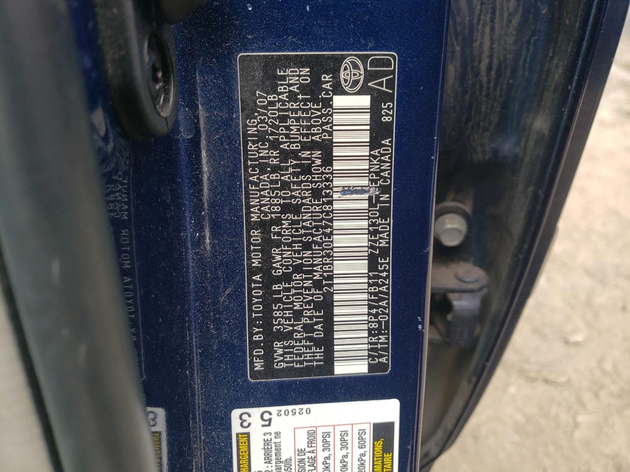 Photo 10 from auction – 2007 TOYOTA COROLLA CE with VIN 2T1BR30E47C813336