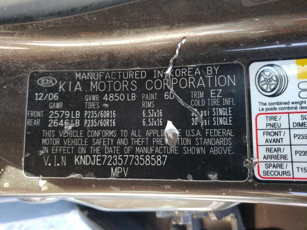 Photo 10 from auction – 2007 KIA SPORTAGE E with VIN KNDJE723577358587