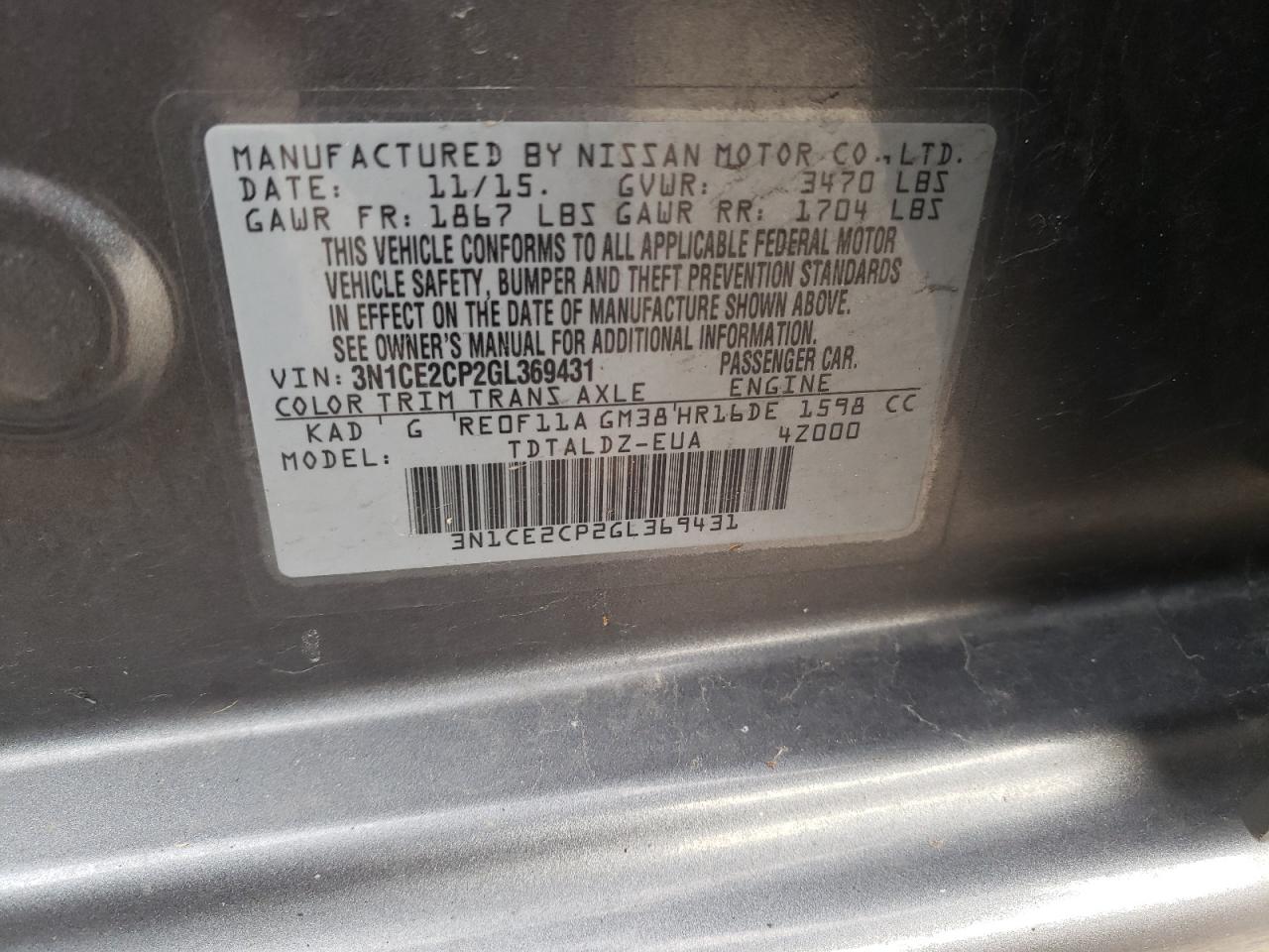 Photo 10 from auction – 2016 NISSAN VERSA NOTE with VIN 3N1CE2CP2GL369431