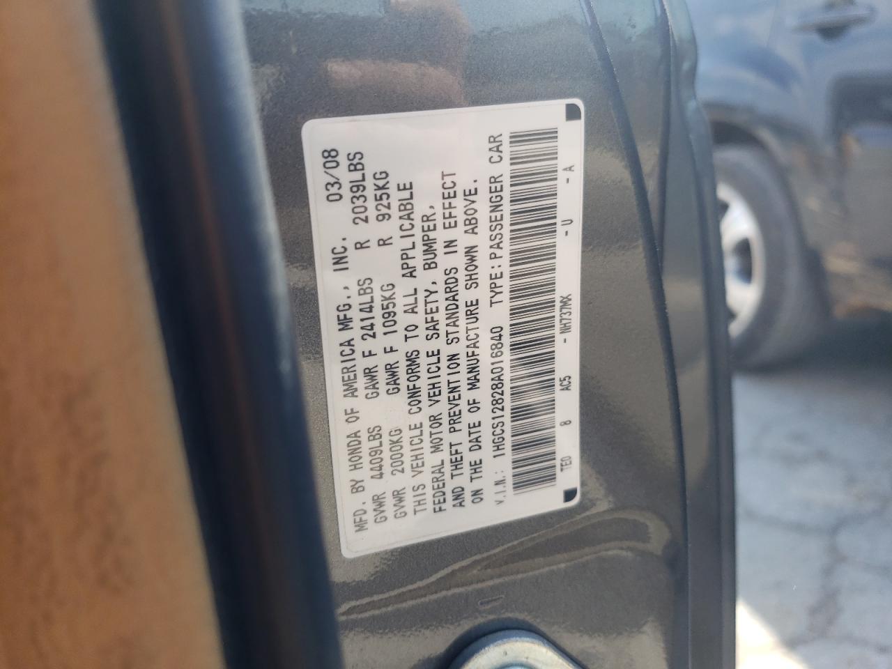 Photo 10 from auction – 2008 HONDA ACCORD EXL with VIN 1HGCS12828A016840