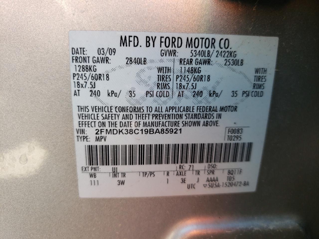 Photo 11 from auction – 2009 FORD EDGE SEL with VIN 2FMDK38C19BA85921