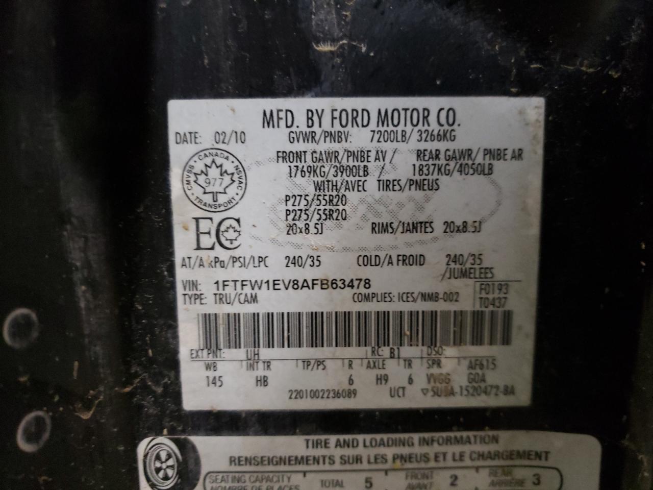 Photo 10 from auction – 2010 FORD F150 SUPER with VIN 1FTFW1EV8AFB63478