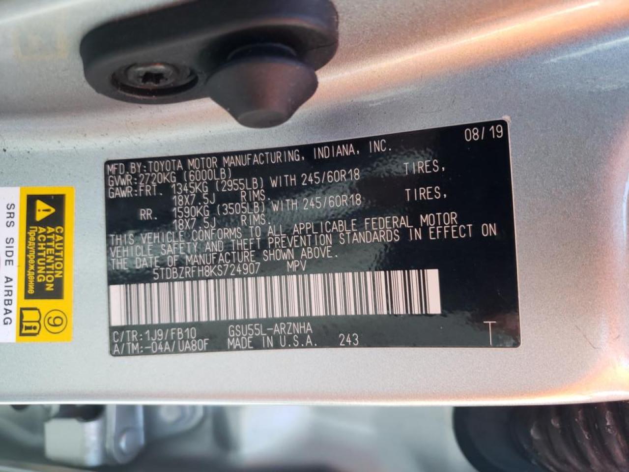 Photo 10 from auction – 2019 TOYOTA HIGHLANDER with VIN 5TDBZRFH8KS724907