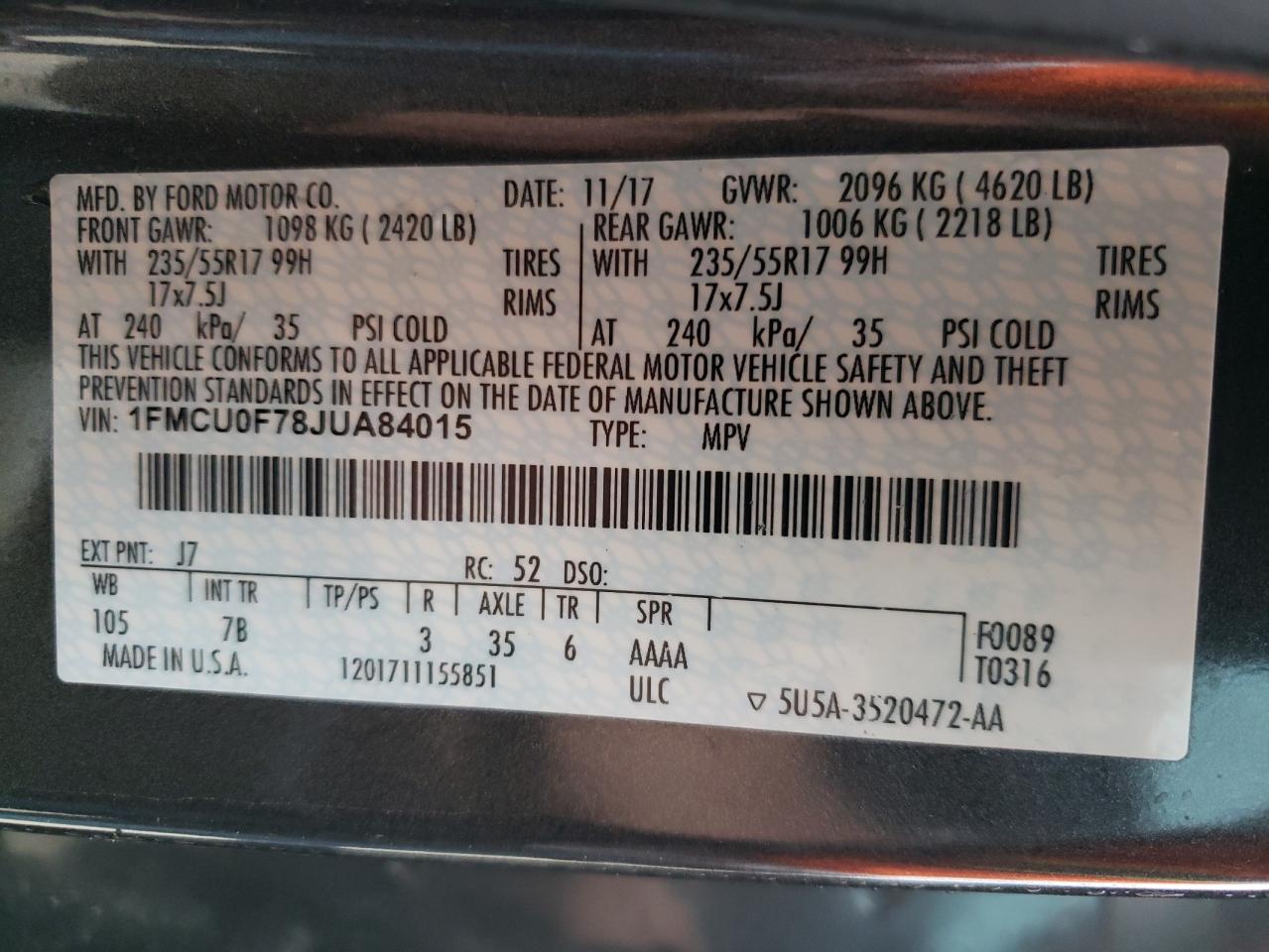 Photo 10 from auction – 2018 FORD ESCAPE S with VIN 1FMCU0F78JUA84015