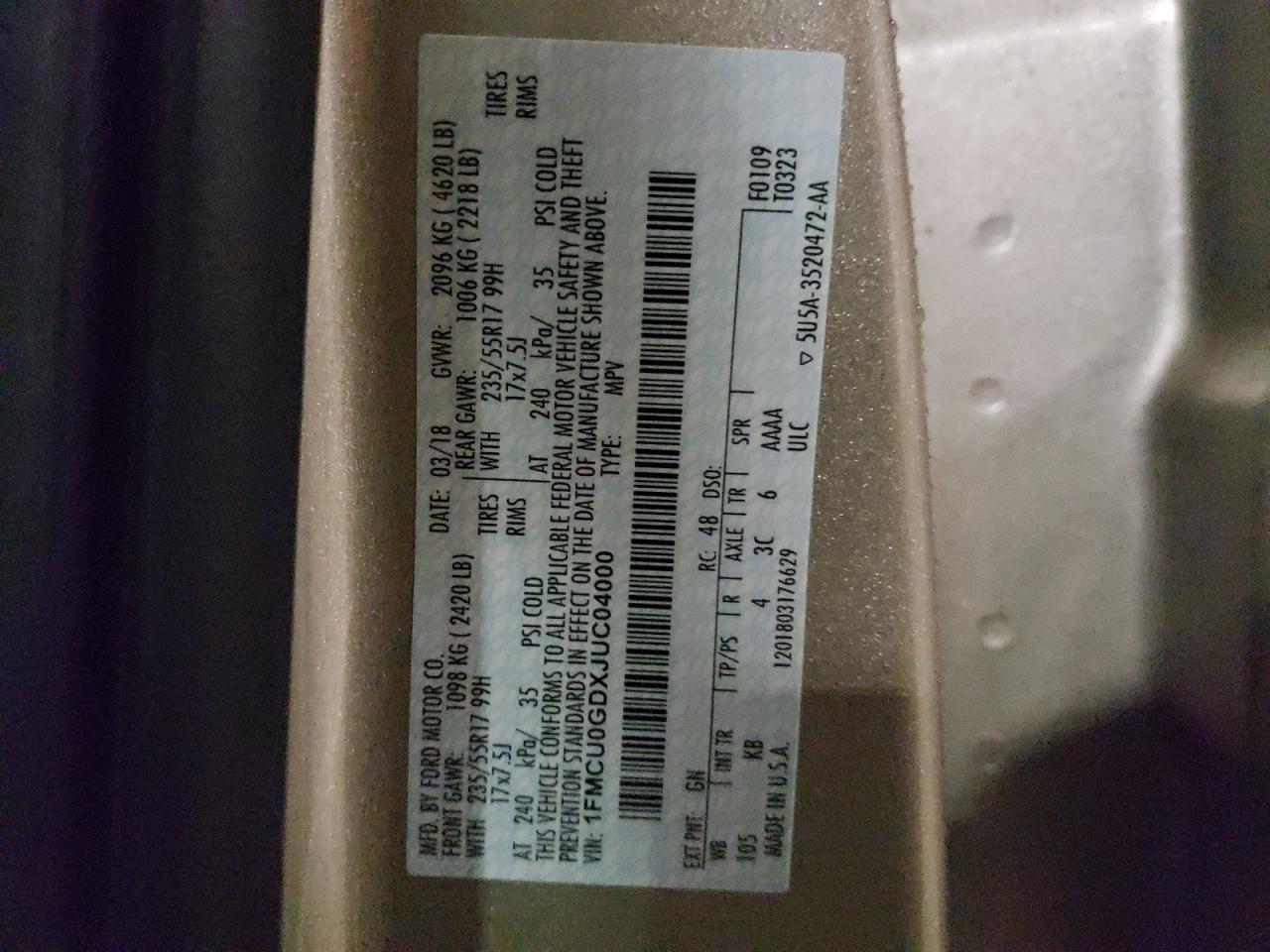 Photo 10 from auction – 2018 FORD ESCAPE SE with VIN 1FMCU0GDXJUC04000