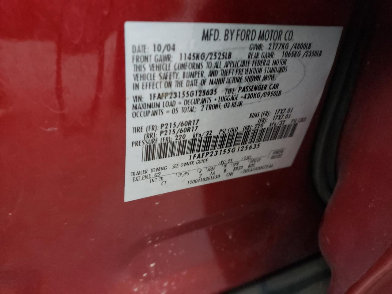 Photo 10 from auction – 2005 FORD FIVEHUNDRE with VIN 1FAFP23155G125635