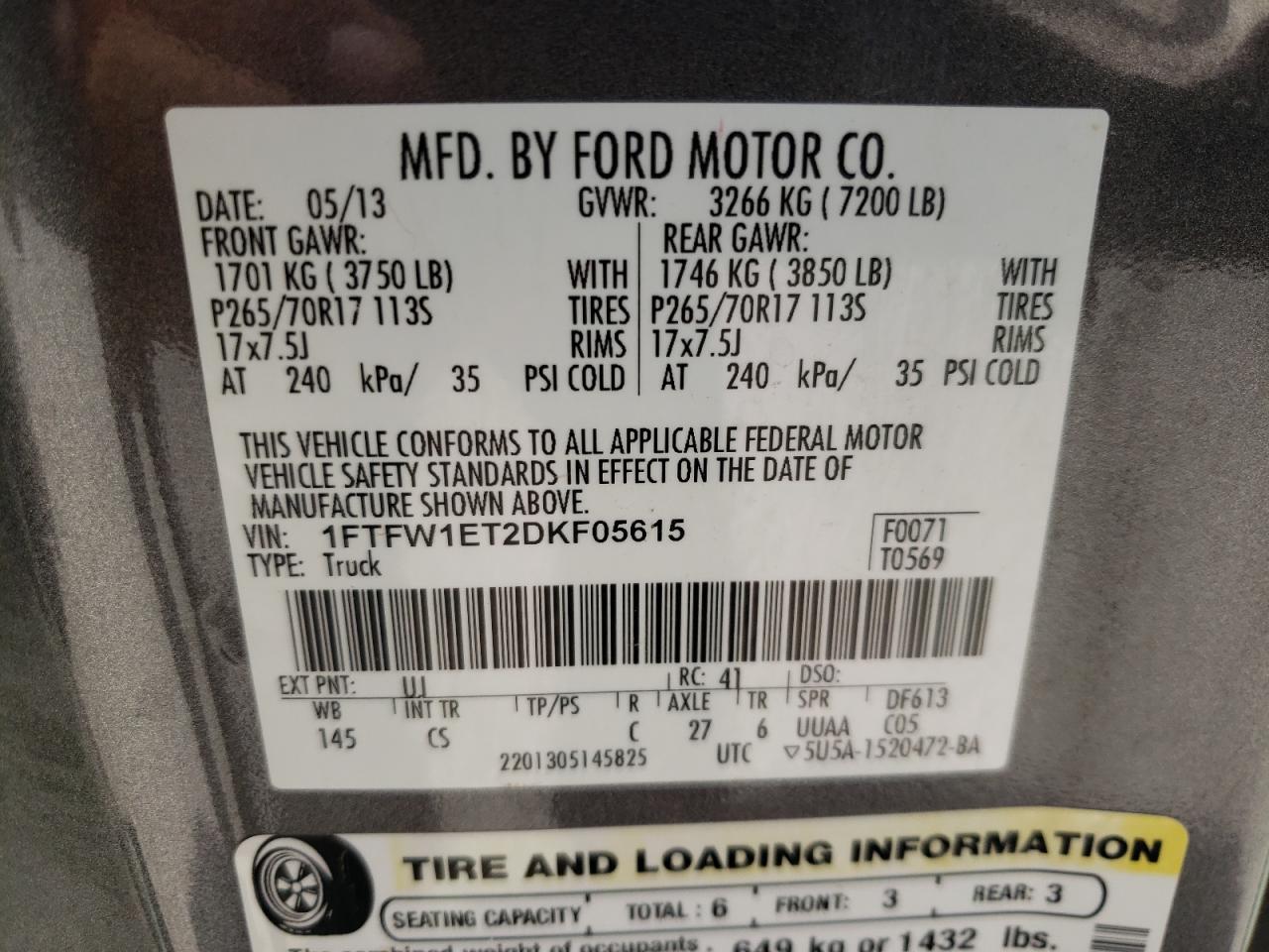 Photo 10 from auction – 2013 FORD F150 SUPER with VIN 1FTFW1ET2DKF05615