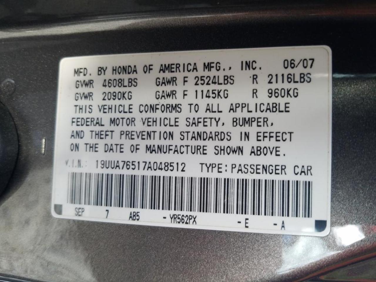 Photo 10 from auction – 2007 ACURA TL TYPE S with VIN 19UUA76517A048512