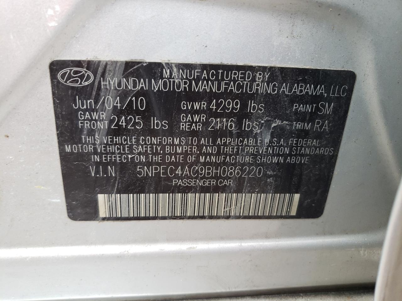Photo 10 from auction – 2011 HYUNDAI SONATA SE with VIN 5NPEC4AC9BH086220