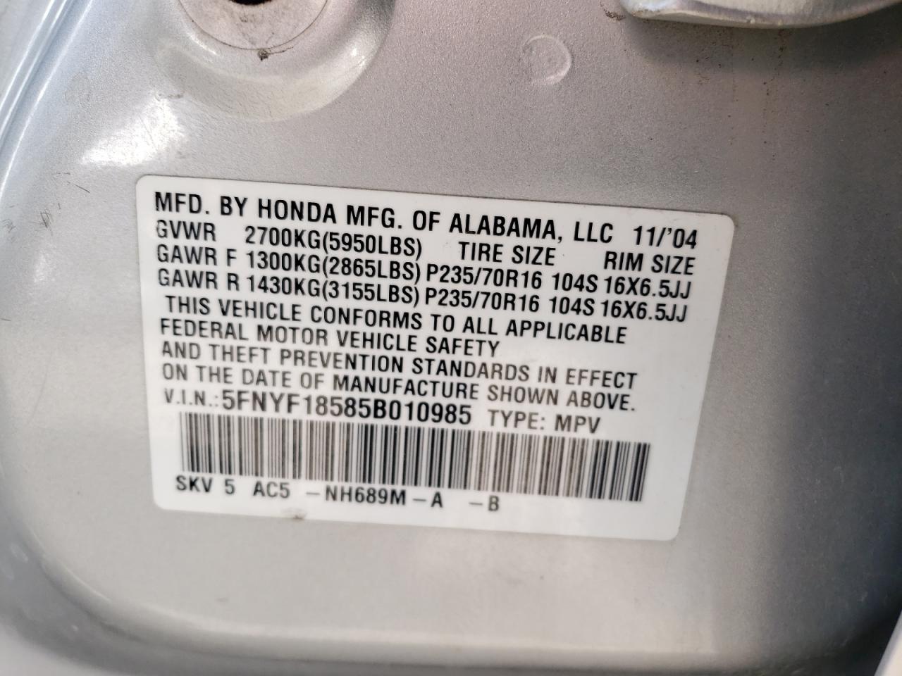 Photo 10 from auction – 2005 HONDA PILOT EXL with VIN 5FNYF18585B010985