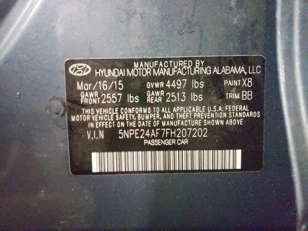 Photo 10 from auction – 2015 HYUNDAI SONATA SE with VIN 5NPE24AF7FH207202
