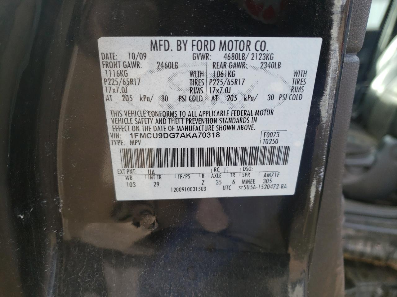 Photo 10 from auction – 2010 FORD ESCAPE XLT with VIN 1FMCU9DG7AKA70318